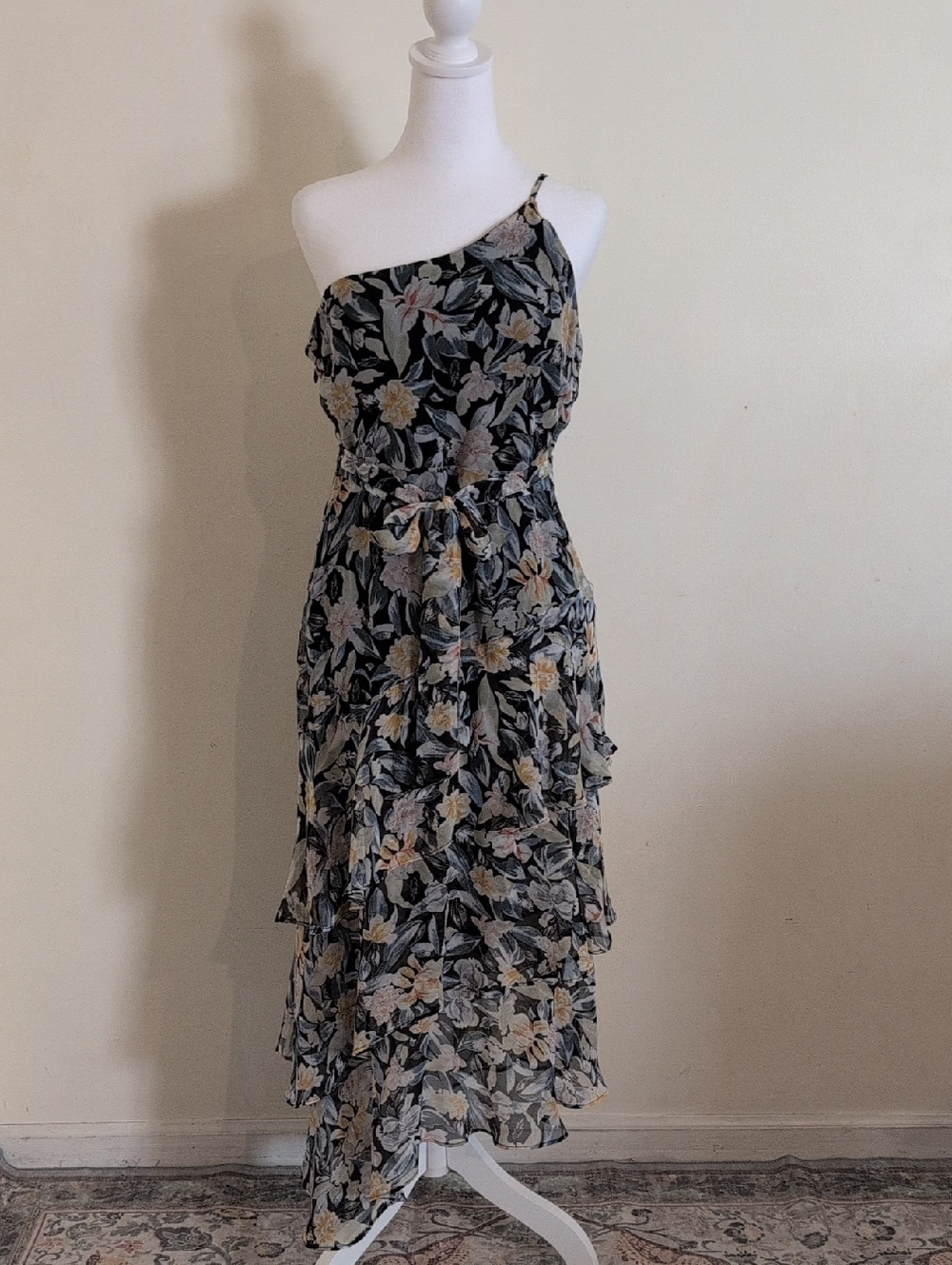 Petal & Pup One-Shoulder Floral Dress in Black with Cream & Yellow Flowers
